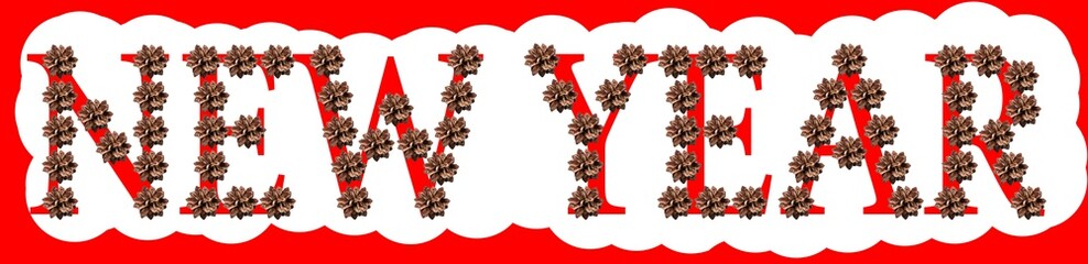 new year phrase text made of pine cone on red and white colored background