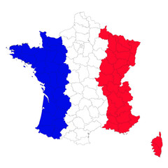 Vector map of administrative regions of France in colors of French national flag on white background