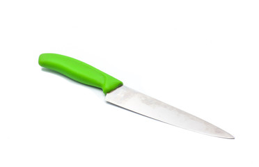 kitchen knife with green handle on white background