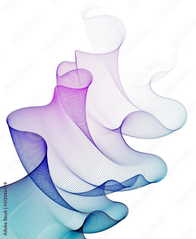 Poster 3d particles mesh array, sound wave flowing, transparent tulle textile on wind. round points vector 