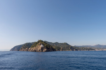 Fototapeta na wymiar Rocky coast of Tigullio gulf, Portofino natural regional park, Ligurian Riviera, Italy