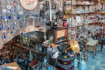 Fototapeta na wymiar teapot and trays in antique shop