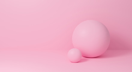 Abstract pink on floor minimal scene background with sphere shape. Realistic 3d render design for display product on website, poster and horizontal banner. Creative soft pastel balls in empty space.