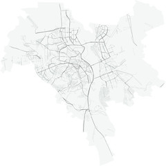 Vector map of Ukrainian city Kyiv (Kiev) with highways and streets, administrative borders, grey color with white background