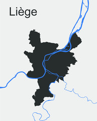Vector map of city Liege (Belgium) and river Meuse — dark grey administrative territory on light background
