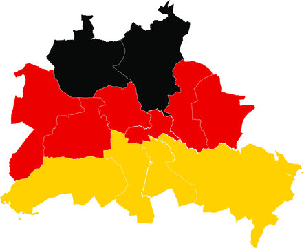 Vector map of administrative areas of city Berlin (Germany) in colors of German national flag, with white background