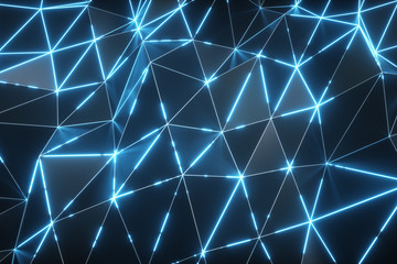 Abstract motion background. Low-poly dark waving surface with glowing blue light. 3d illustration