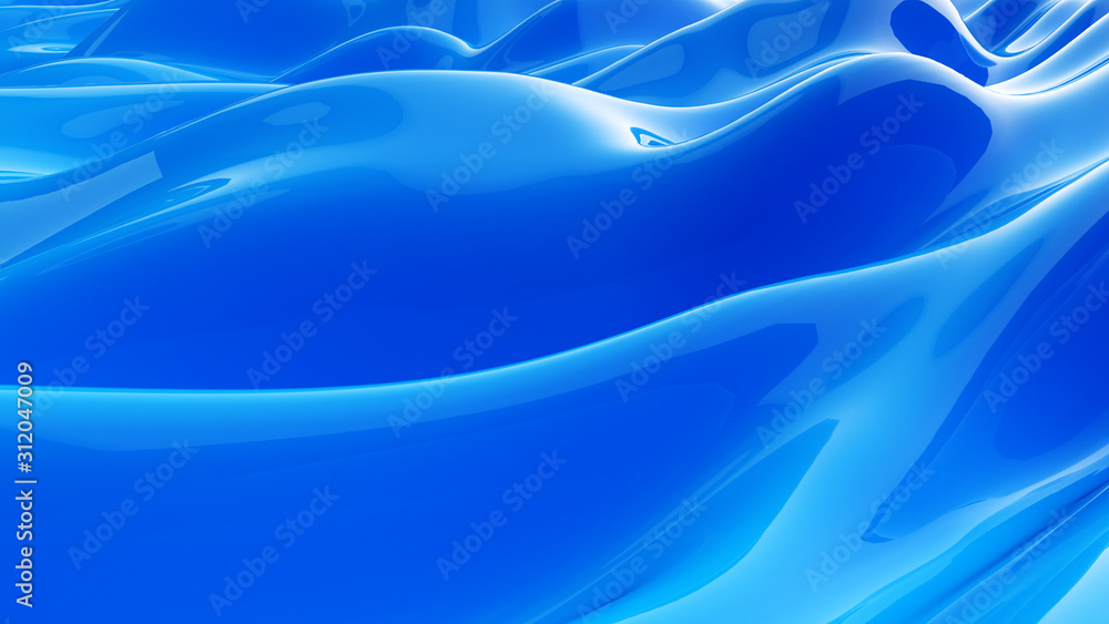 Poster blue abstract liquid reflective wave surface. waves and ripples of ultraviolet lines resembling chew