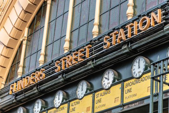 Melbourne, Victoria, Australia, June 24, 2018: The famous clocks under the Flinders Street Station sign in Melbourne