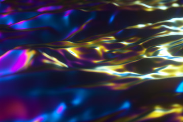 Abstract 3d render holographic oil surface background, foil wavy surface, wave and ripples, ultraviolet modern light, neon blue pink spectrum colors. 3d illustration