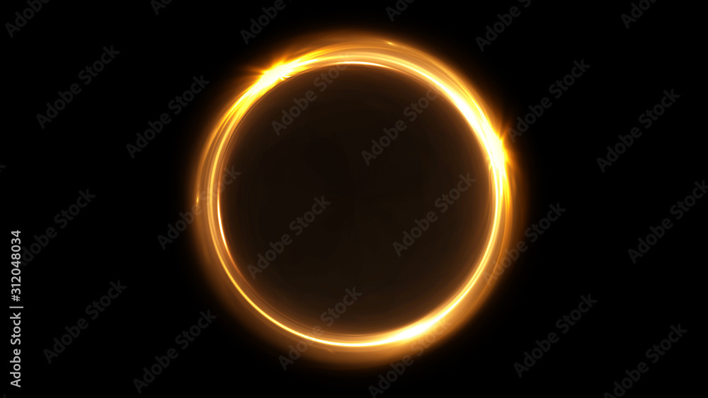 Poster abstract rotating neon circle in gold color. luminous ring. space tunnel. led color ellipse. 3d illu