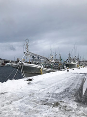 Yachts and ships parked in pier in heavy snow