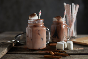 chocolate drink on wooden table. .