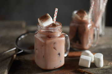 chocolate drink on wooden table. .