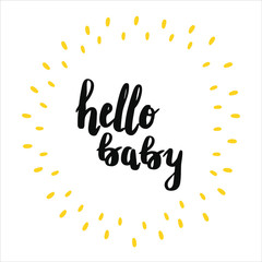 Hello Baby. vector lettering isolated on white background.Baby shower card template and nursery decorations (bags, posters, invitations, cards, pillows).Overlay for photo album.