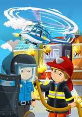 cartoon scene with fireman working near some ambulance and building is burning illustration for children