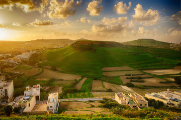 View on a green hill on the island Gozo, Malta.