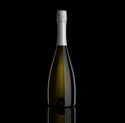 Sparkling white wine bottle, champagne bottle on black background, for mockup, packshot, 3d rendering.