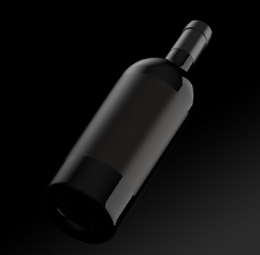 Red wine bottle on black background. Diagonal top view for mockup and packshot, 3d rendering.