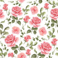 Hand-drawn vintage patern with roses, leaves, branches. Watercolor seamless pattern. - obrazy, fototapety, plakaty