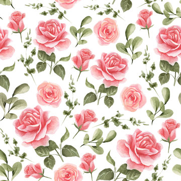 Hand-drawn vintage patern with roses, leaves, branches. Watercolor seamless pattern.