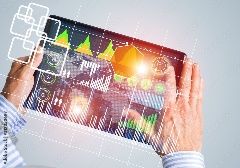 Poster interface of mobile application with charts and financial data