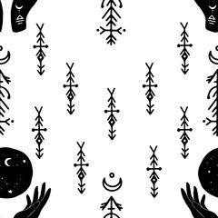 Vector seamless pattern of mystic henna hands. Great for fabric, wrapping paper.