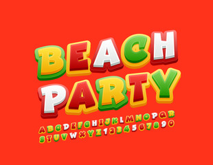 Vector Colorful Emblem Beach Party. Playful bright Alphabet Letters and Numbers. Creative Kids Font.