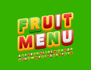 Vector Bright Emblem Fruit Menu. Colorful Kids Font. Cute Alphabet Letters and Numbers