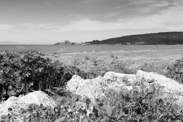 Tuscany seaside. Black and white vintage toned.