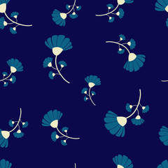 Blue daisy flowers seamless repeat pattern with navy background.Elegant floral background.Floral pattern for wallpapers, design, packaging, wrapping paper, decor, textile, fabric.