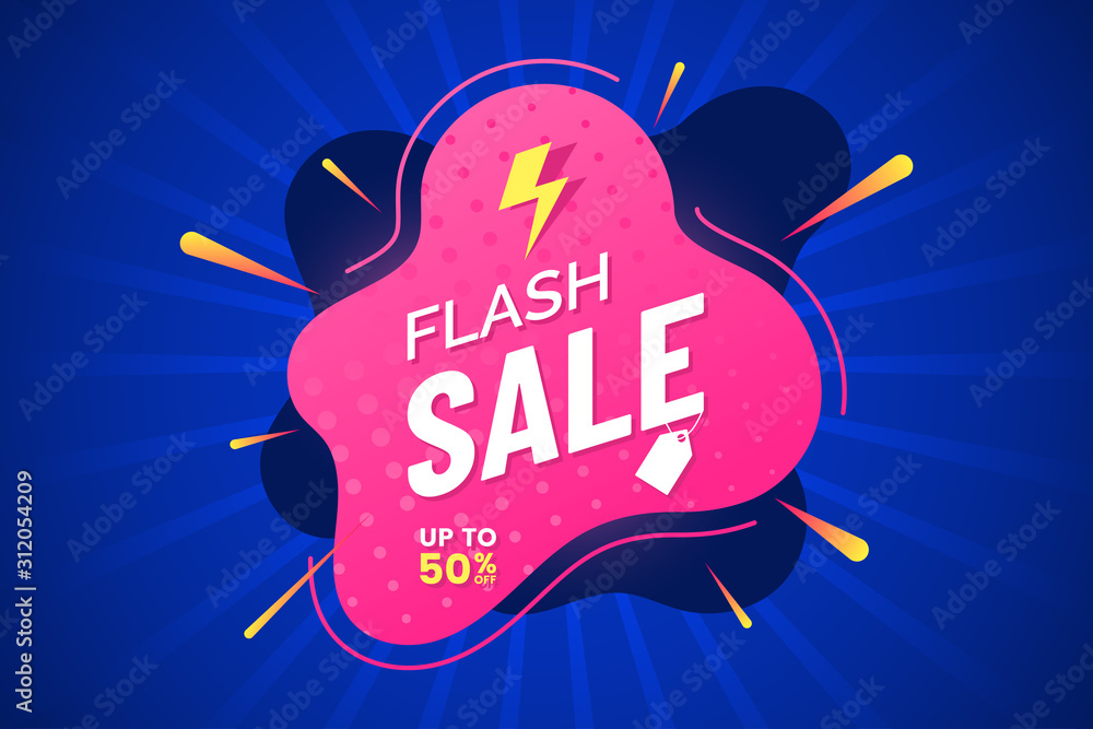 Poster Flash sale banner template. Discount label with place for text. Promotion poster. Abstract text box. Rays background with flash effect. Vector illustration.