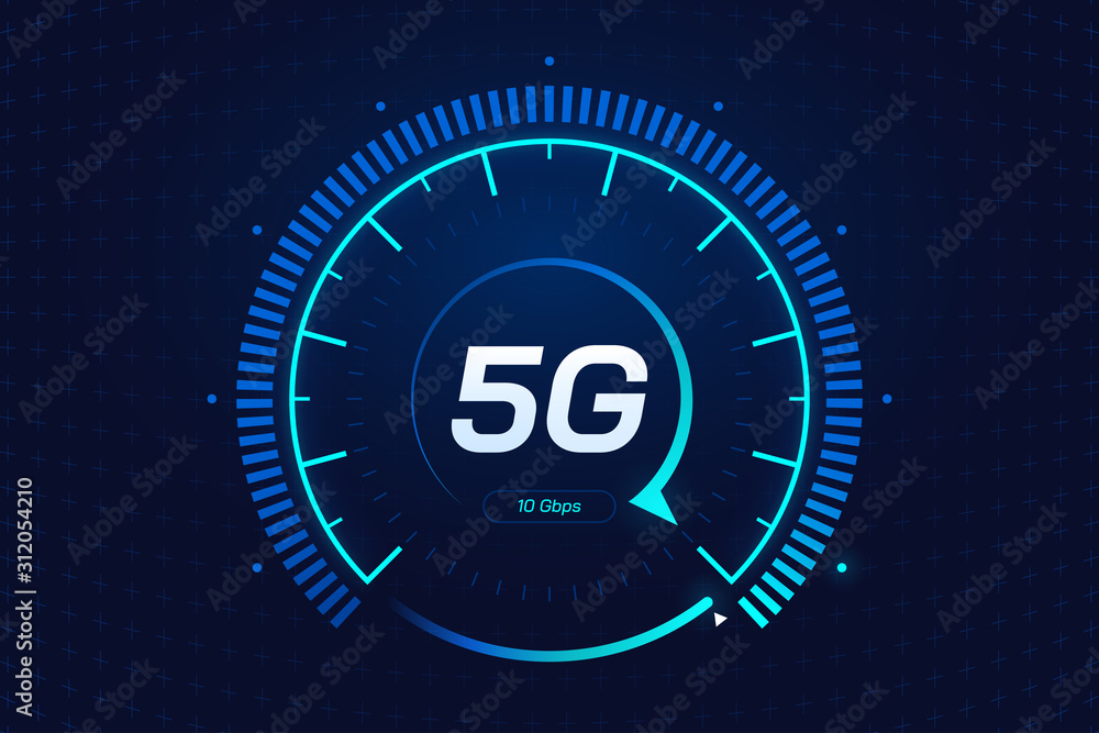 Aufkleber 5G network wireless technology. Digital speed meter concept with 5G icon. High speed internet. Neon speedometer in futuristic style isolated on dark background. Car dashboard interface. Vector eps 10.