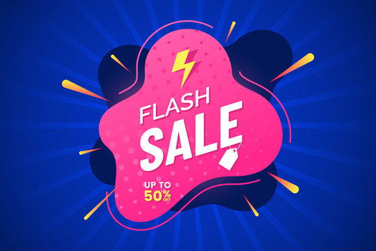 Flash sale banner template. Discount label with place for text. Promotion poster. Abstract text box. Rays background with flash effect. Vector illustration.