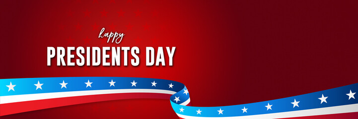 President's day celebration. 3D render of stars and stripes wavy ribbon on star pattern gradient red background with happy president day text and additional copy space. 