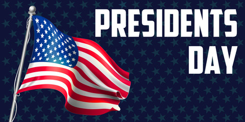 President's day celebration. 3D render of wavy American flag on dark blue star pattern background with large copy space. 