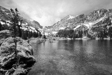 Rocky Mountain National Park, Colorado. Vintage filtered black and white tone.