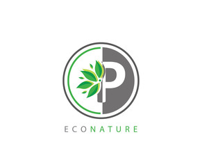 P Letter Circle Eco Green Leaf Logo