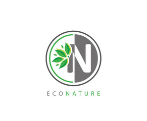 N Letter Circle Eco Green Leaf Logo