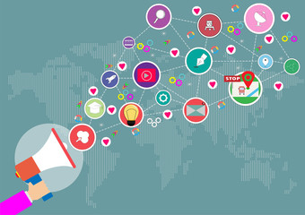 Obraz premium Megaphone and social medial icon on World map background. Calling service,contact,technology,love. Vector Social Network and flat design vector concept.