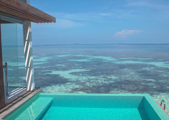 Fototapeta na wymiar Private pool; Luxury island beach resort in Maldives; island resort; Kandolhu maldives resort; Beach resort