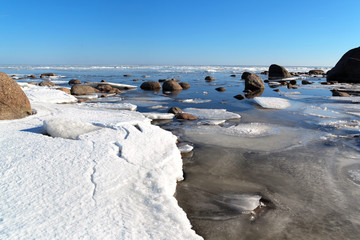 Ice floes on the shore of Lake Ladoga on a sunny day