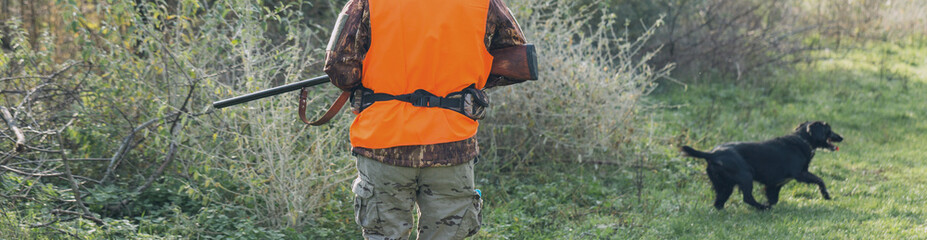 A man with a gun in his hands and an orange vest on a pheasant hunt in a wooded area in cloudy...