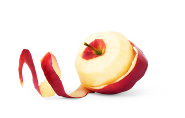 Closeup of twisted peel of red apple isolated on white background