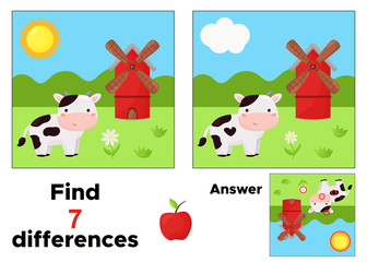 Educational game for children. Find seven differences. Farm animals. Kawaii cartoon cow and windmill.