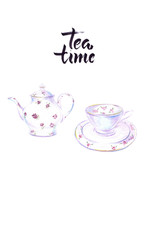 Tea time, Illustration of cup and kettle of black tea