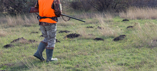 A man with a gun in his hands and an orange vest on a pheasant hunt in a wooded area in cloudy...