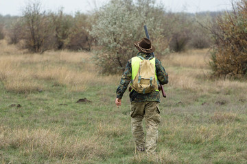 Hunting period, autumn season open. A hunter with a gun in his hands in hunting clothes in the autumn forest in search of a trophy. A man stands with weapons and hunting dogs tracking down the game.