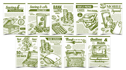 Banking Financial Collection Banners Set Vector. Debit And Credit Cards, Laptop And Pen, Phone And Calculator, Laptop And Mobile, Wallet, Safe Financial Advertising Posters. Monochrome Illustrations