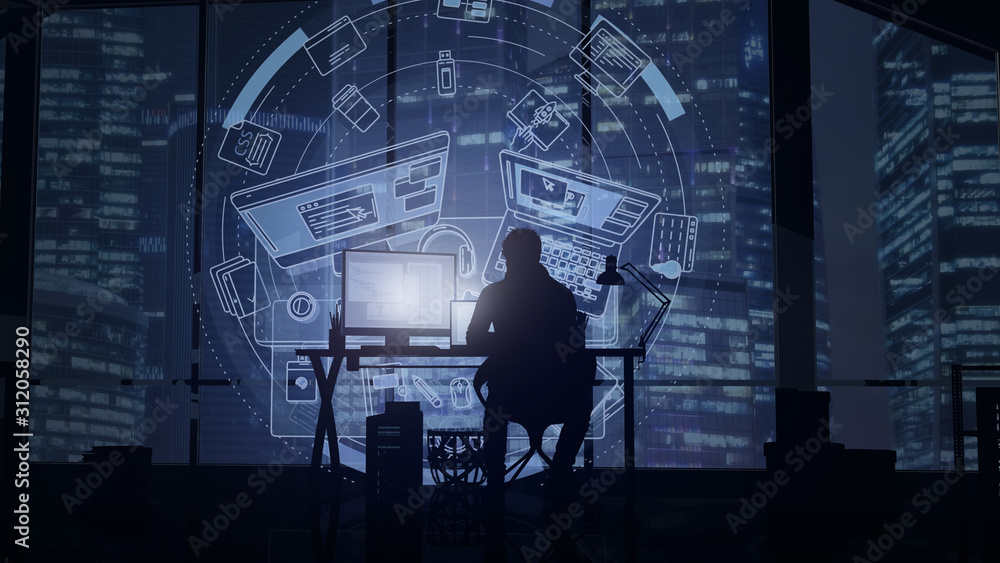 Poster web developer on the background of evening skyscrapers and infographics.
